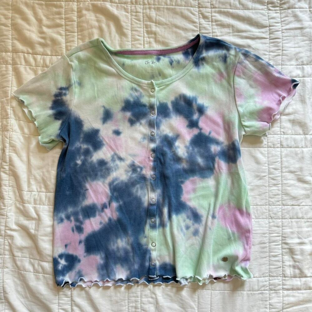 Justice Tie‎ dye hippie shirt girls XXL 16 18 ruffle hem boho casual button up